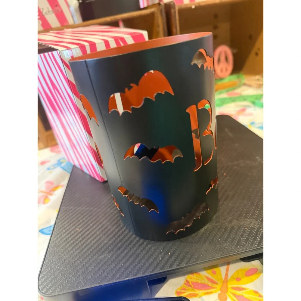 Pink Zebra Halloween Boo Bat Metal Candle Sleeve Black Orange Spooky Decor 6in